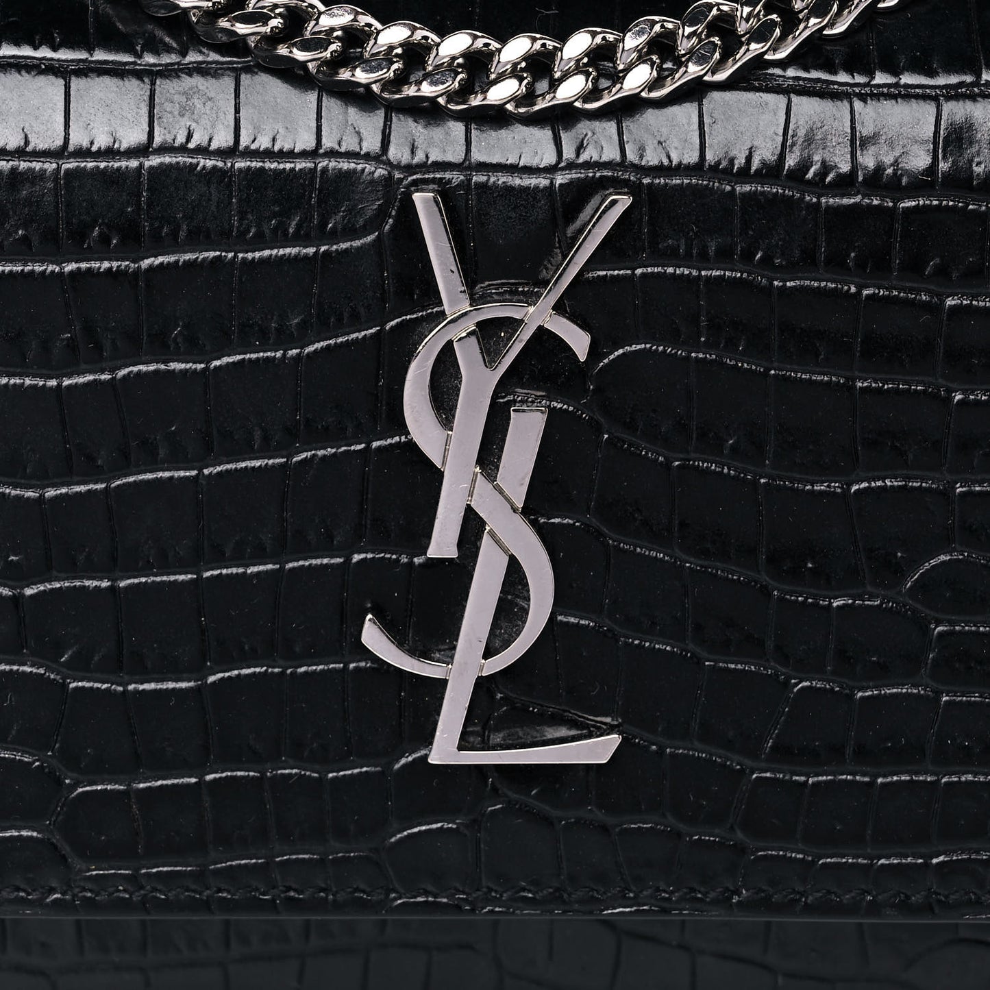 Calfskin Crocodile Embossed Monogram Sunset Chain Wallet Black