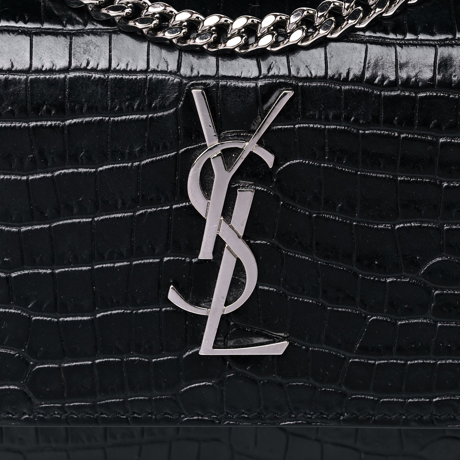 Saint Laurent Calfskin Crocodile Embossed Monogram Sunset Chain Wallet Black 7 of 15