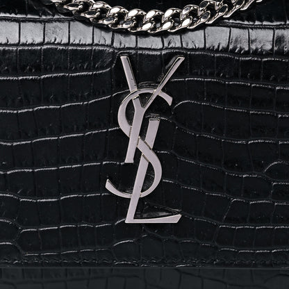 Saint Laurent Calfskin Crocodile Embossed Monogram Sunset Chain Wallet Black 7 of 15