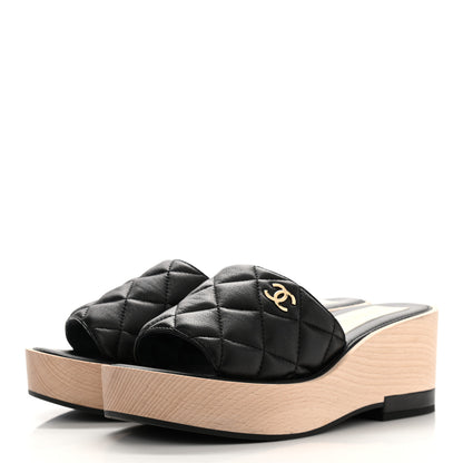 Chanel Lambskin Quilted CC Wedge Sandals 37 Black 3 of 9