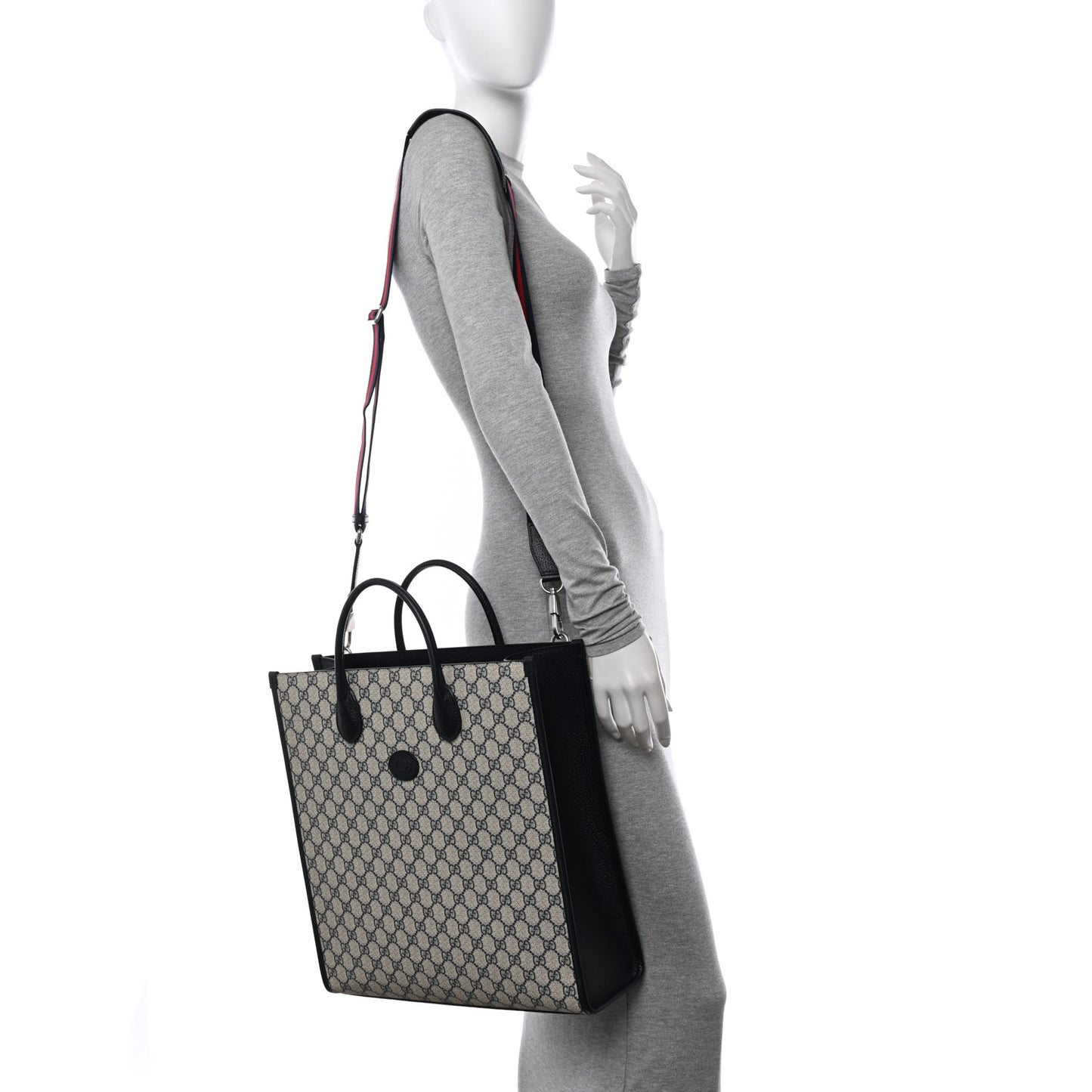 GG Supreme Monogram Textured Dollar Calfskin Web Medium Retro Interlocking G Vertical Tote Bag Beige Blue