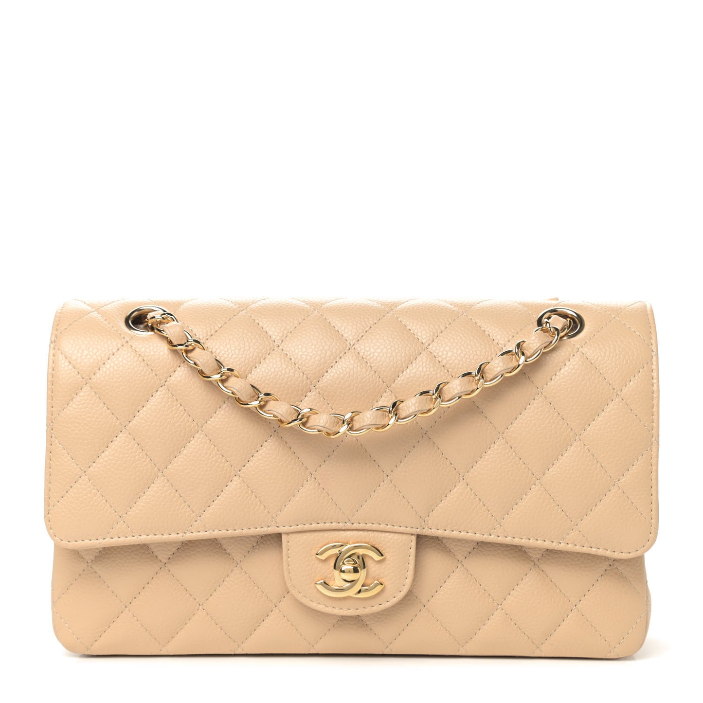 Caviar Quilted Medium Double Flap Beige
