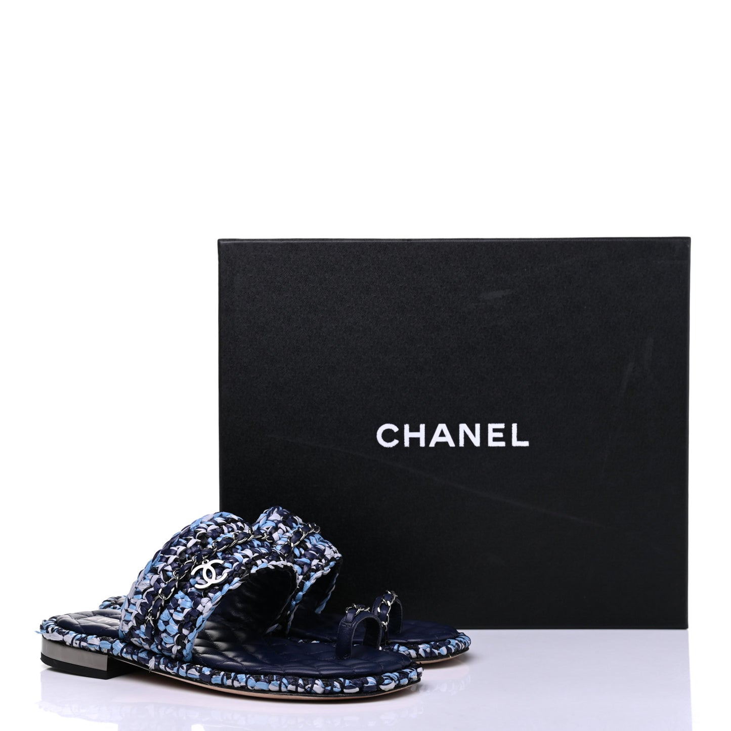 Lambskin Raffia Chain Flat Sandals 36 Blue Black