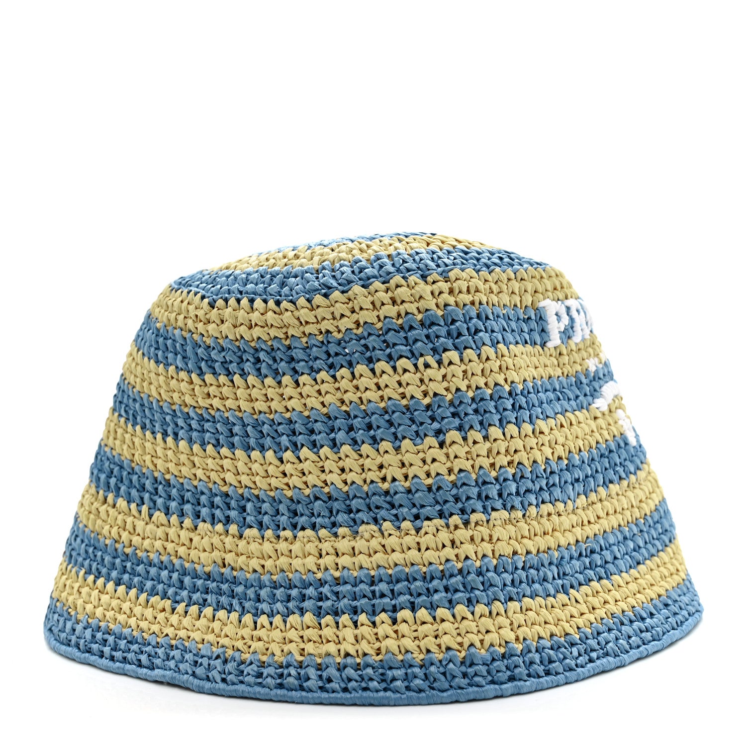 Prada Raffia Striped Logo Embroidered Womens Bucket Hat M Naturale Cielo 4 of 8