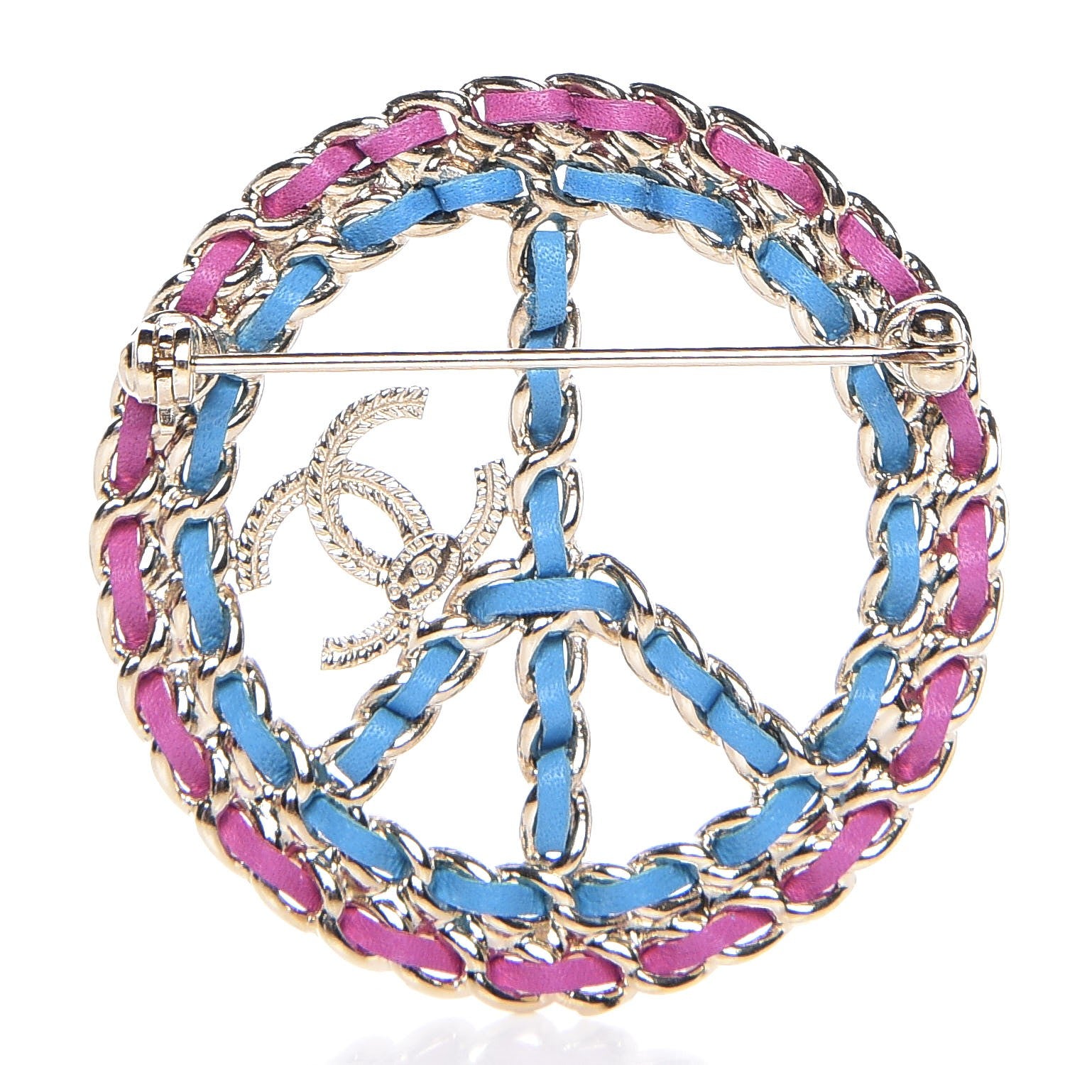 Chanel Metal Calfskin Braided Peace Sign CC Brooch Blue Purple Gold 3 of 5