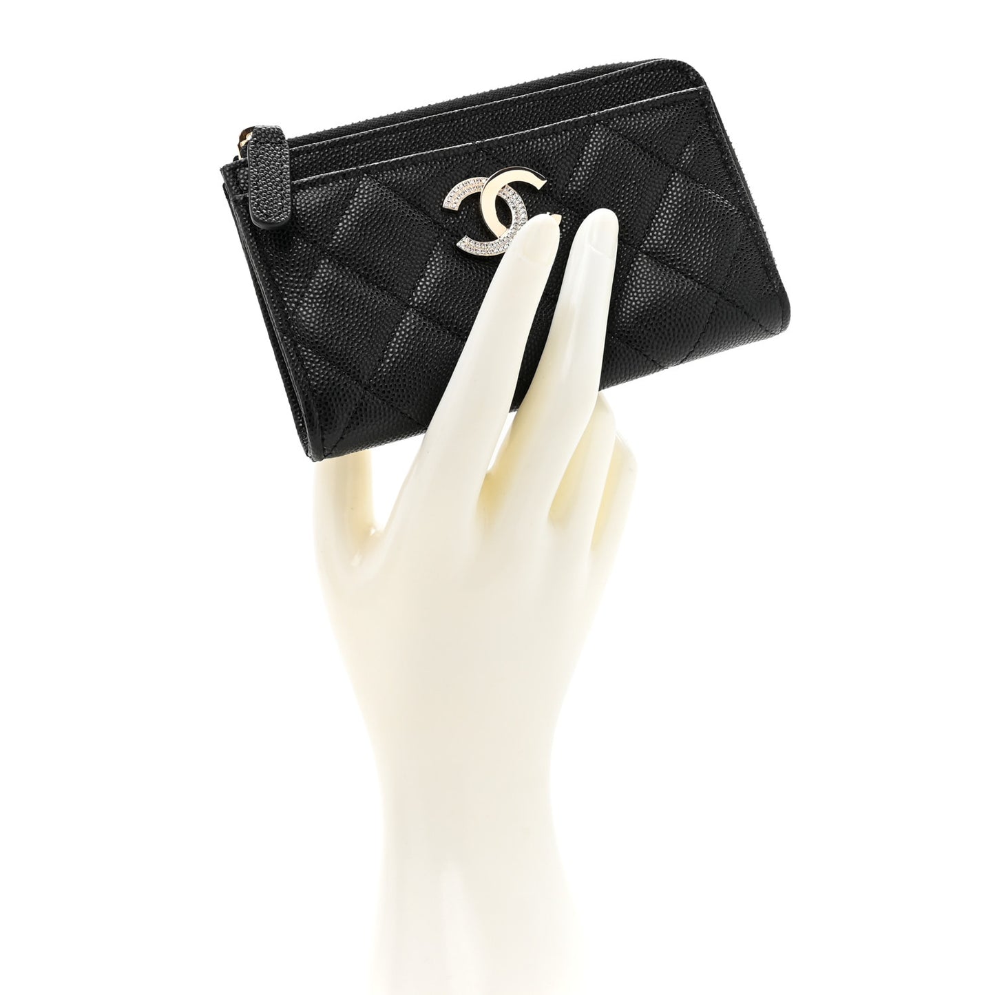 Caviar Quilted Crystal CC Zip Around Card Holder Black