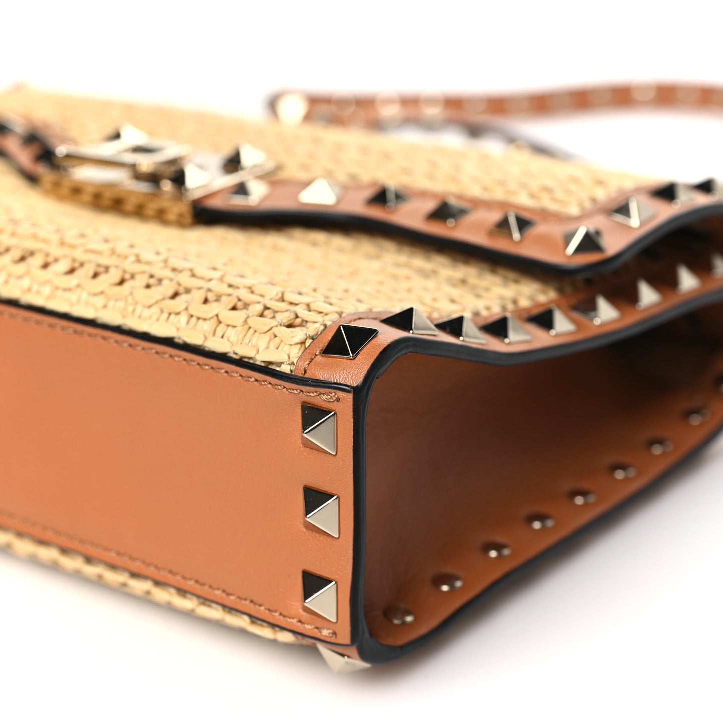 Raffia Calfskin Small Rockstud Flip Lock Crossbody Bag Natural Saddle Brown