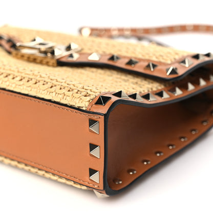 Valentino Garavani Raffia Calfskin Small Rockstud Flip Lock Crossbody Bag Natural Saddle Brown 9 of 9