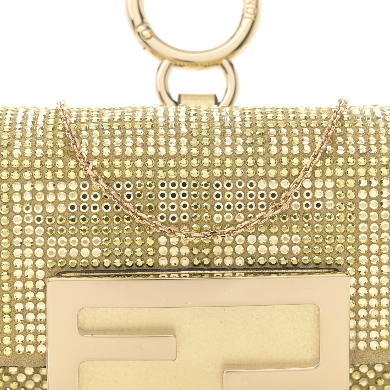 Fendi Crystal Vitello Laminato FF Nano Maxi Buckle Baguette Charm Light Gold 8 of 10