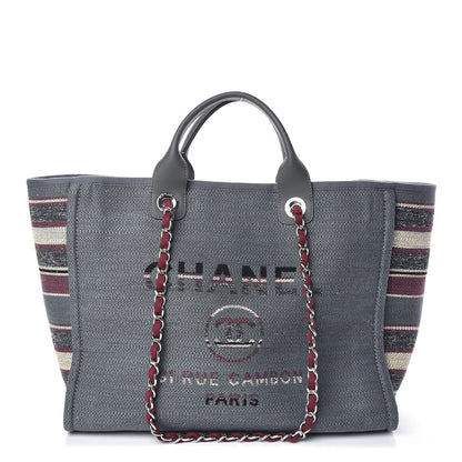 Chanel Striped Canvas Medium Deauville Tote Grey 1 of 10