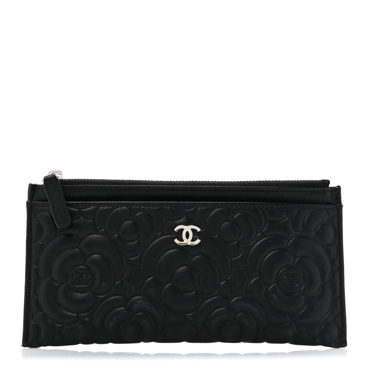 Lambskin Camellia Embossed Classic Zip Pouch Black