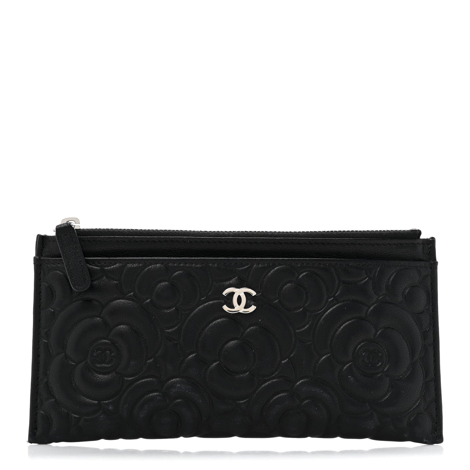 Chanel Lambskin Camellia Embossed Classic Zip Pouch Black 1 of 10