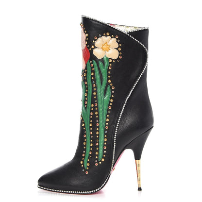 Gucci Calfskin Floral Crystal Embroidered Fosca Boots 38 Black 1 of 9