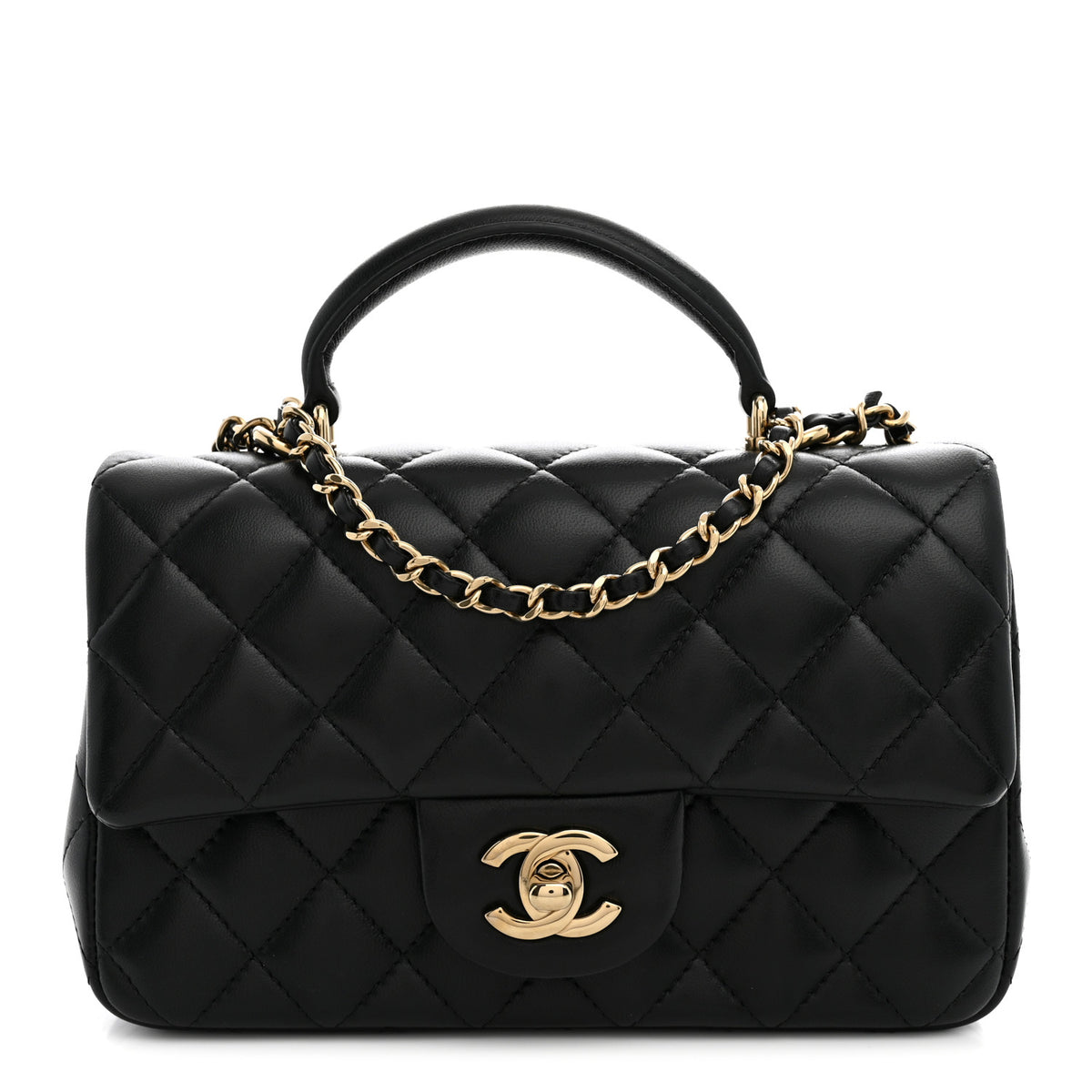 Lambskin Quilted Mini Top Handle Rectangular Flap Black