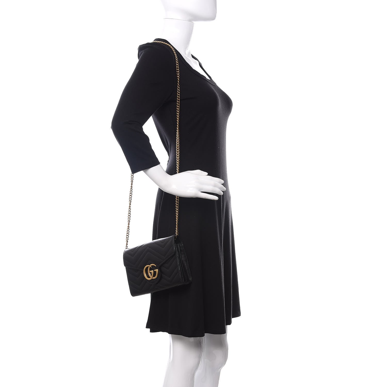 Gucci Calfskin Matelasse GG Marmont Chain Wallet Black 2 of 9