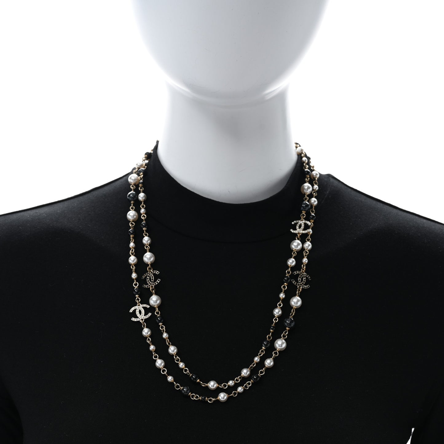 Pearl Bead Crystal CC Long Necklace Black Gold