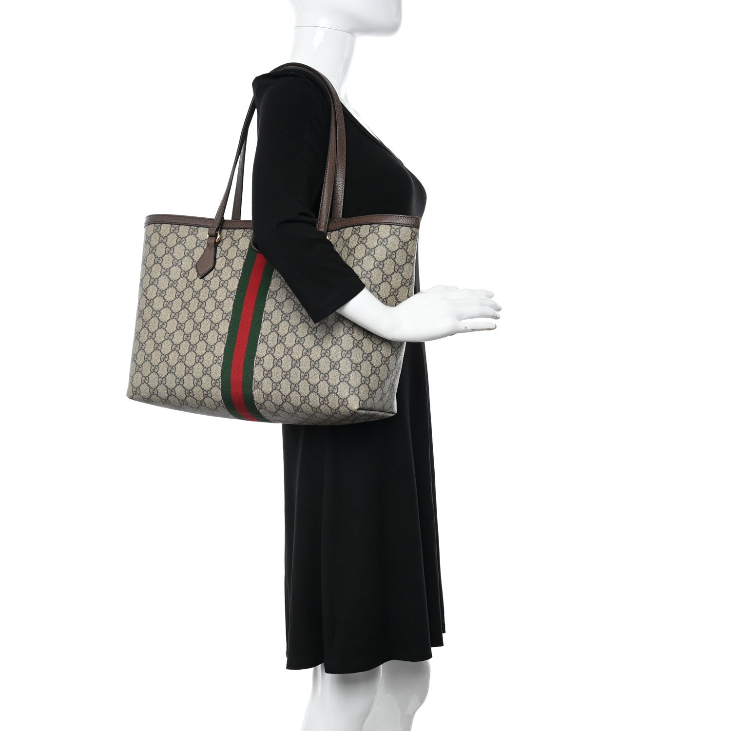 Gucci GG Supreme Monogram Textured Calfskin Web Medium Ophidia Shopping Tote Beige Ebony New Acero 2 of 13