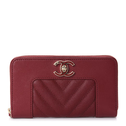 Chanel Sheepskin Caviar Chevron Quilted Medium Mademoiselle Vintage Zip Around Wallet Red 1 of 9