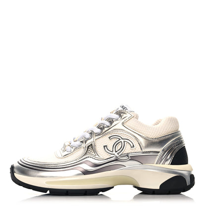 Chanel Fabric Laminated Calfskin Stretch CC Sneakers 37 White Silver 1 of 9