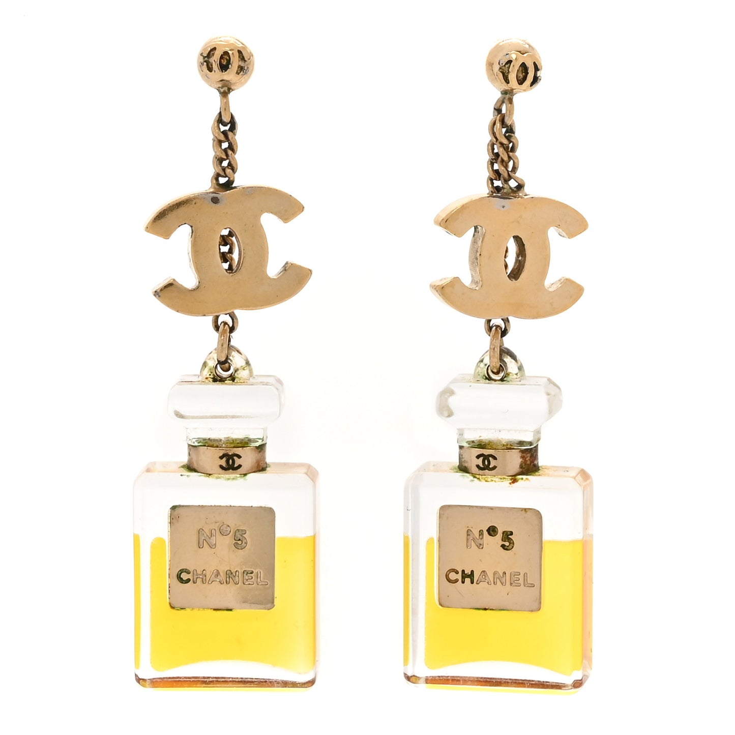 N°5 Perfume Bottle CC Drop Earrings Gold