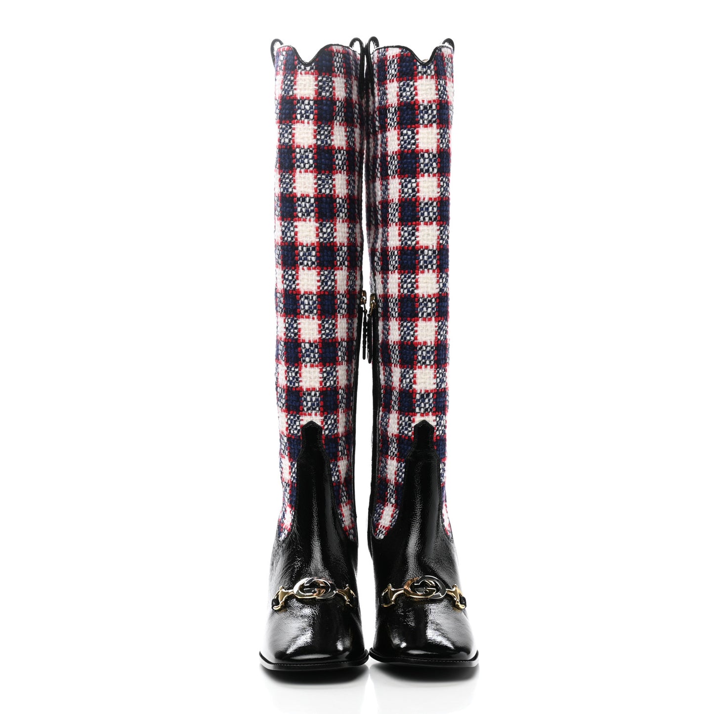 Tweed Naplack Check Zumi Knee Boots 37 White Hibiscus Red Maritime Black