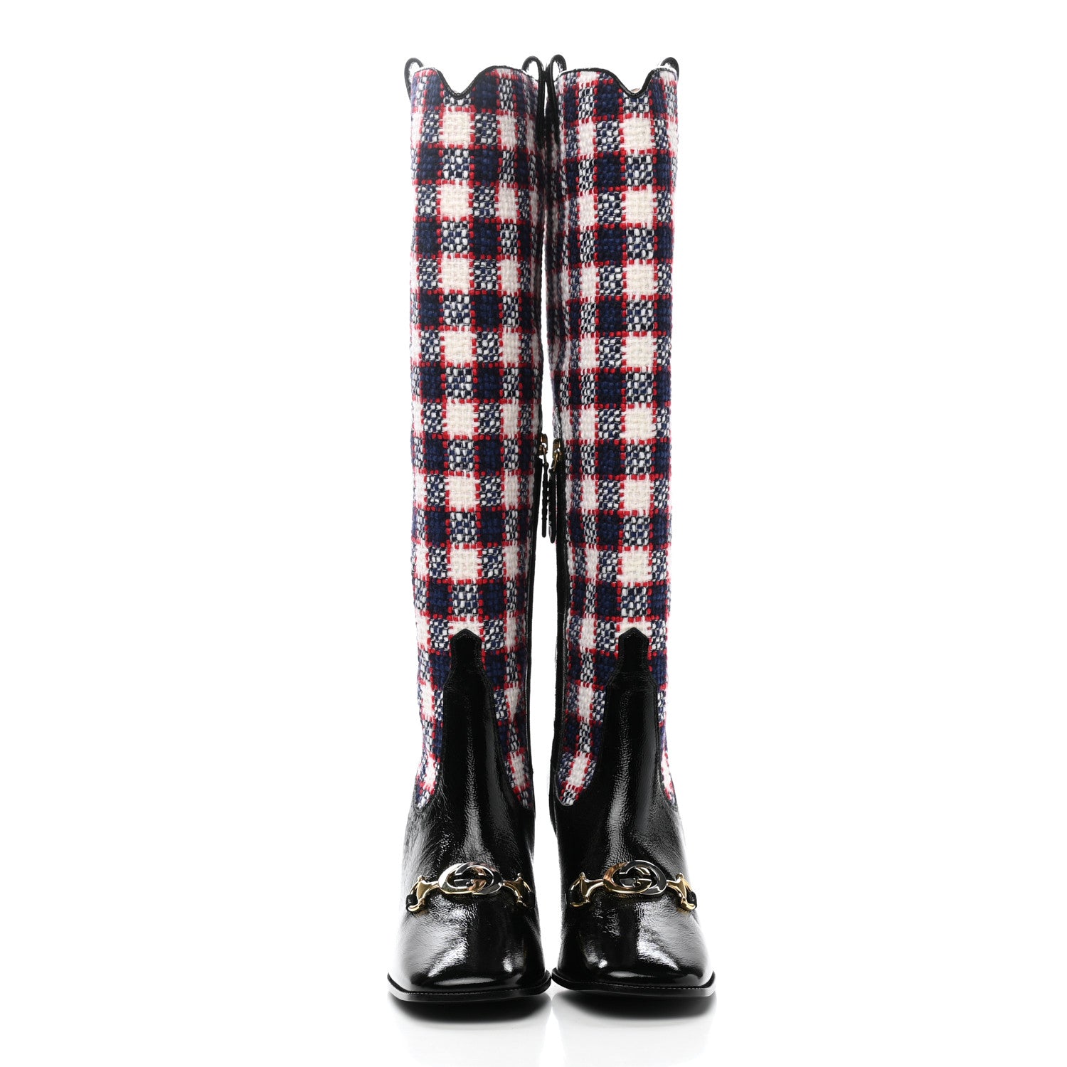 Gucci Tweed Naplack Check Zumi Knee Boots 37 White Hibiscus Red Maritime Black 2 of 9