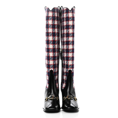 Gucci Tweed Naplack Check Zumi Knee Boots 37 White Hibiscus Red Maritime Black 2 of 9