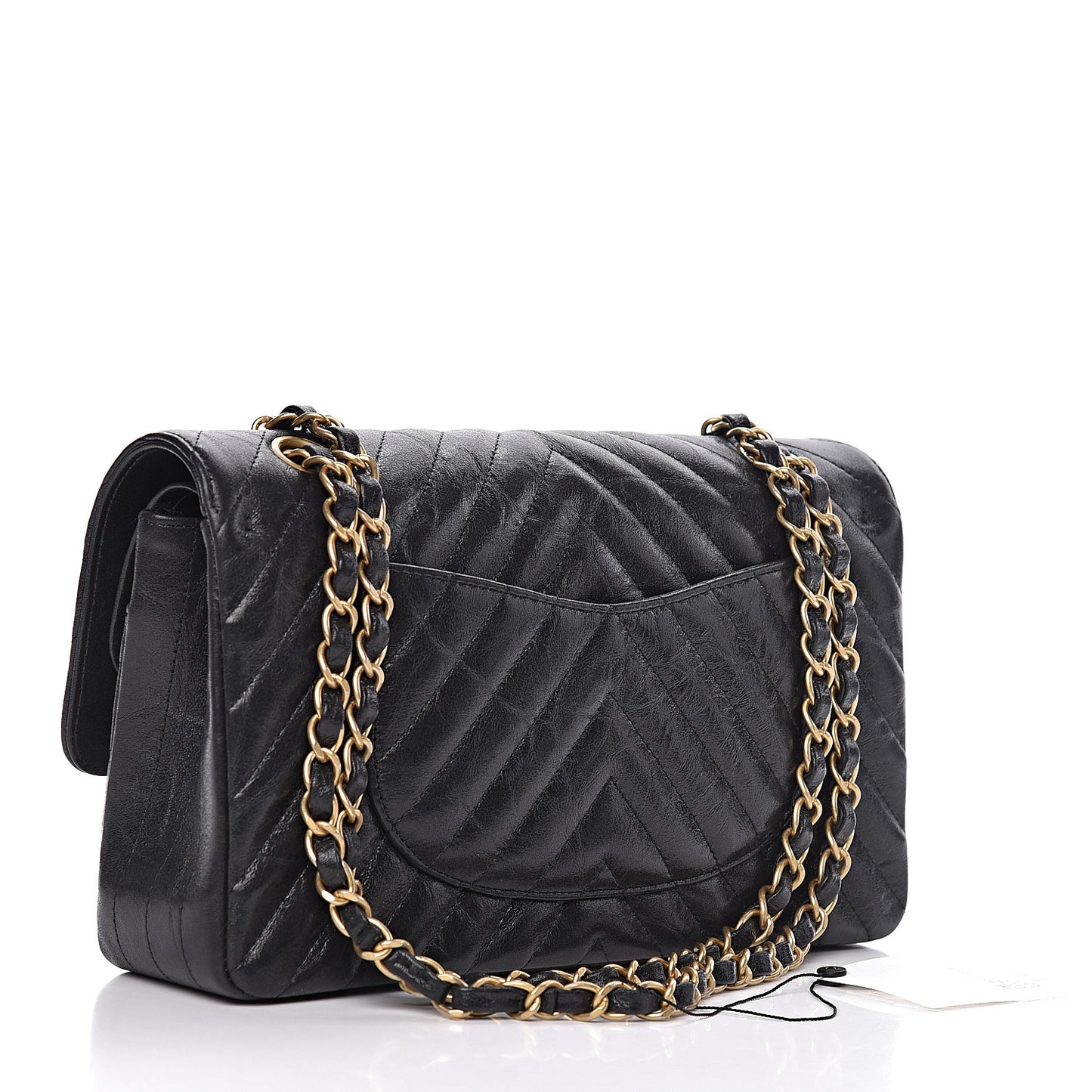 Crumpled Calfskin Chevron Quilted Medium Double Flap Black