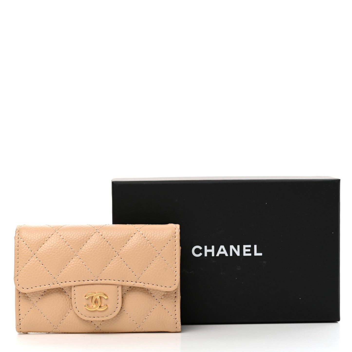 Caviar Quilted Flap Card Holder Wallet Beige