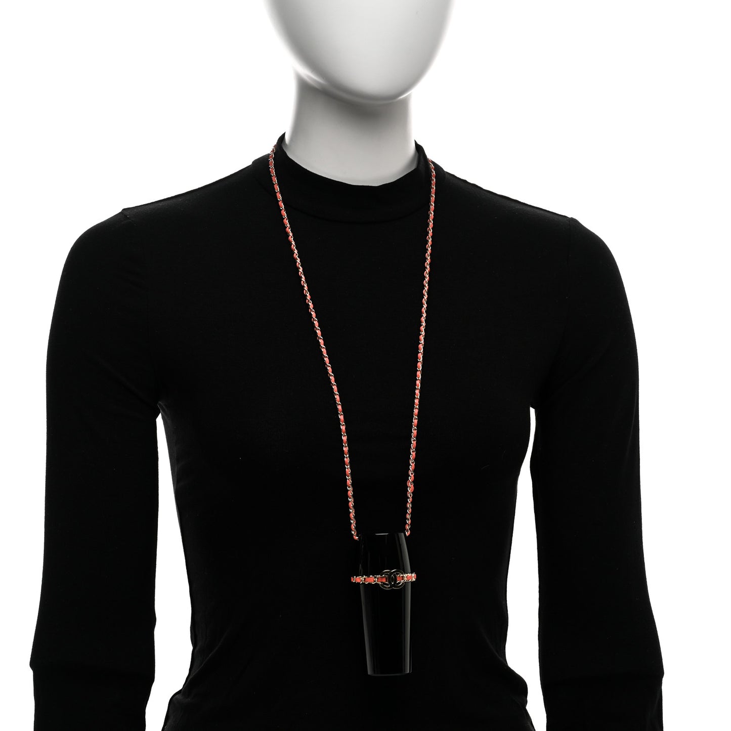 Resin Lambskin Chain CC Lipstick Case Necklace Black Pink