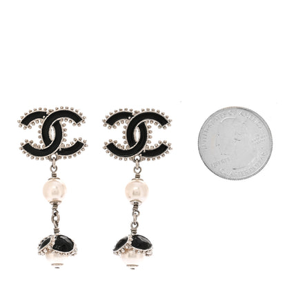 Chanel Metal Resin Bead Pearl CC Drop Earrings Silver White Black 2 of 6