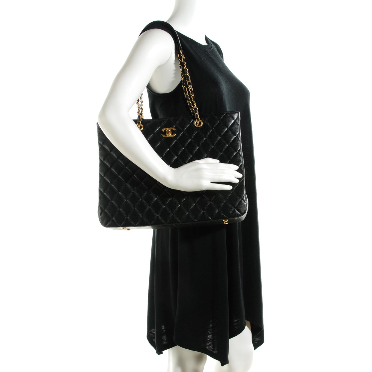 Caviar Quilted Shopping Tote Black