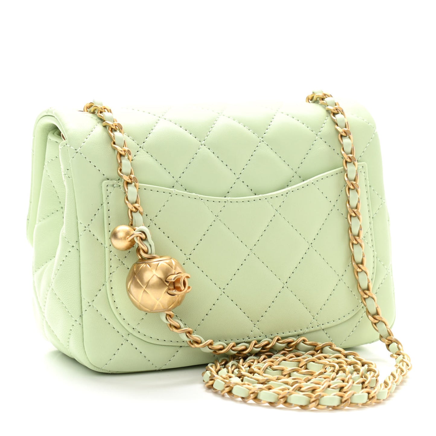 Lambskin Quilted Mini Pearl Crush Flap Light Green