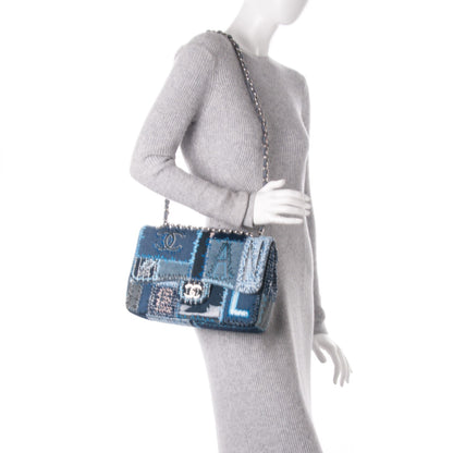 Chanel Denim Tweed Patchwork Jumbo Single Flap Blue 3 of 8