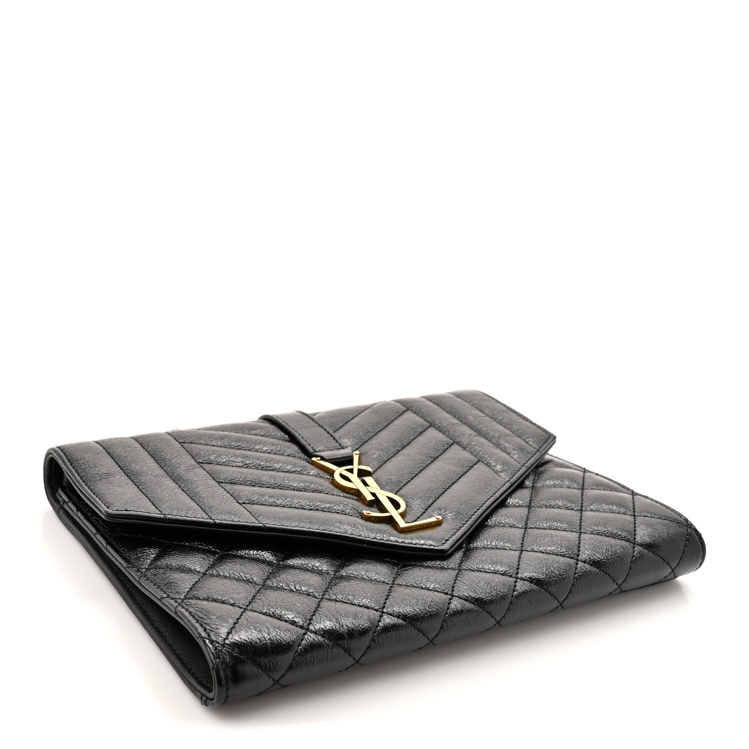 Saint Laurent Crinkled Calfskin Mixed Matelasse Triquilt Monogram Clutch Black 4 of 9