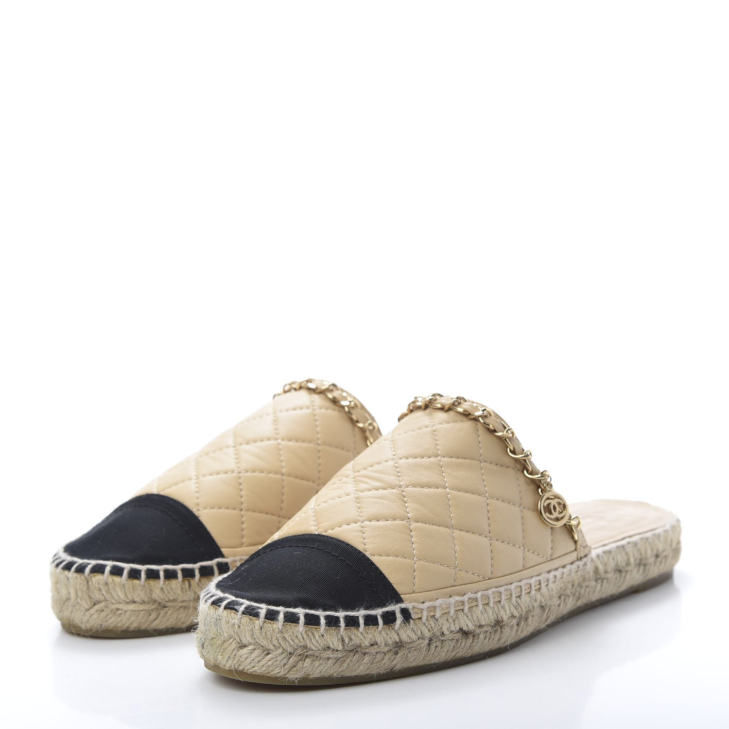 Chanel Lambskin Grosgrain Quilted CC Chain Espadrille Mules 39 Beige Black 3 of 11