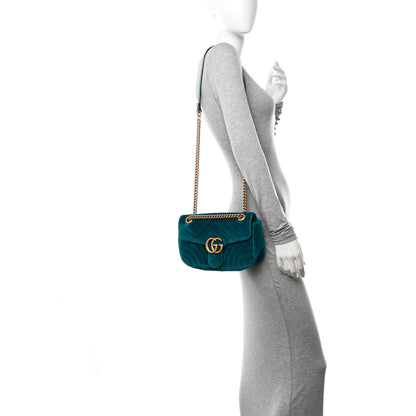 Gucci Velvet Matelasse Small GG Marmont Shoulder Bag Pavone Cyan 2 of 10
