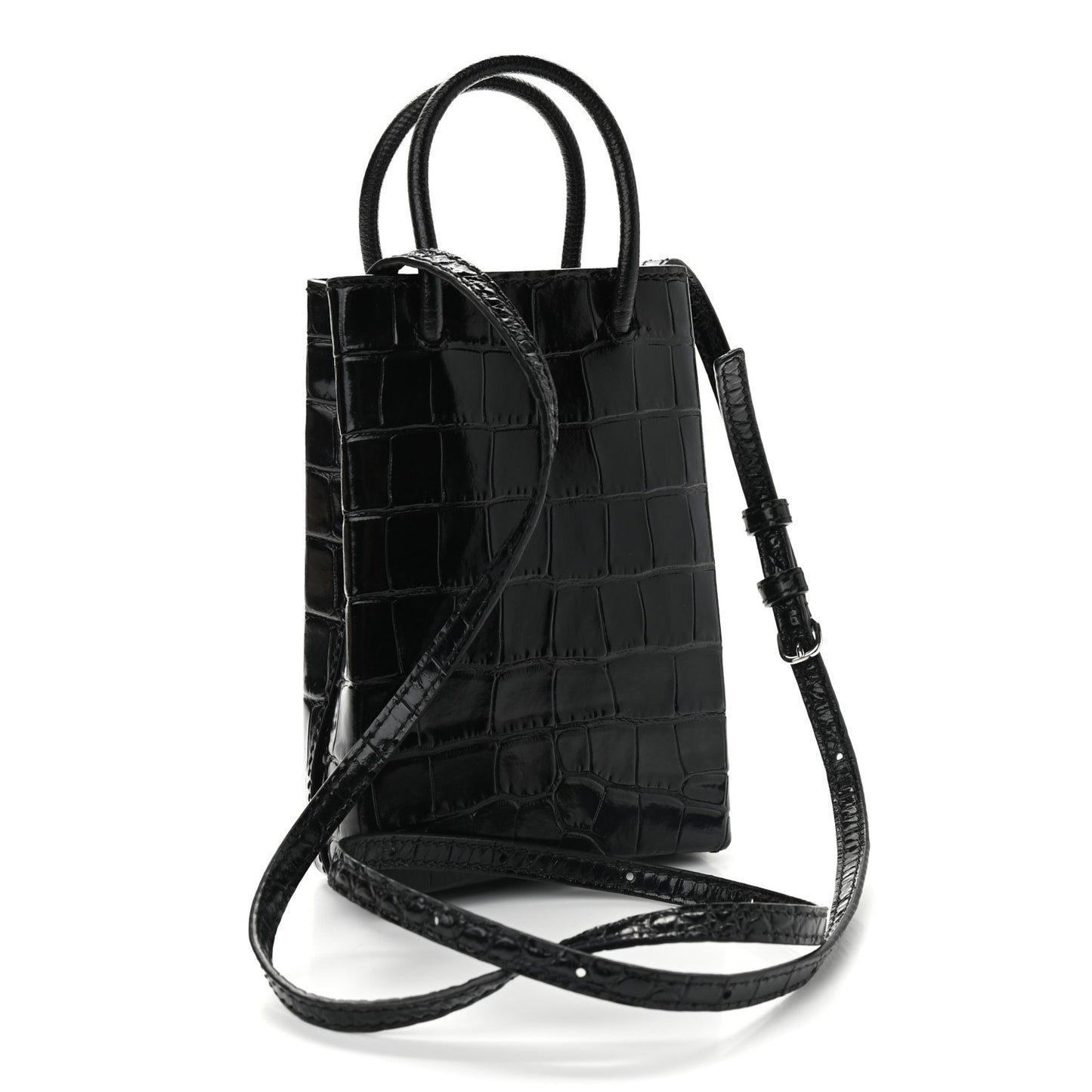 Calfskin Crocodile Embossed Logo Shopping Phone Holder Bag Black