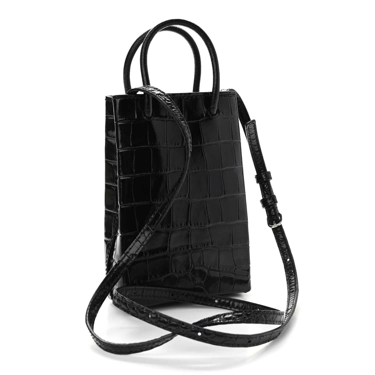 Balenciaga Calfskin Crocodile Embossed Logo Shopping Phone Holder Bag Black 3 of 8