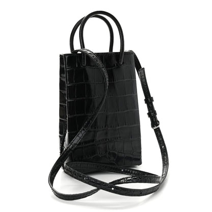 Balenciaga Calfskin Crocodile Embossed Logo Shopping Phone Holder Bag Black 3 of 8