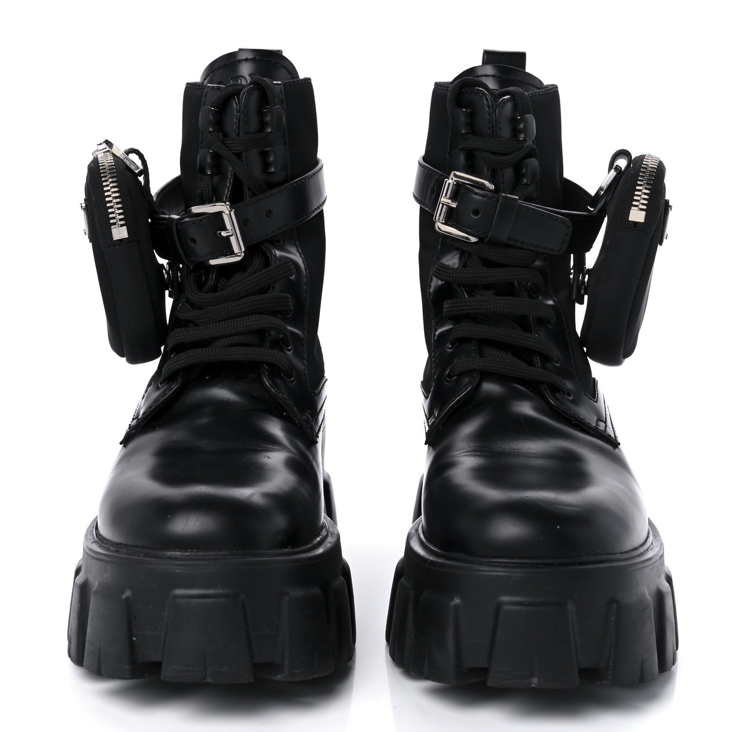 Prada Spazzolato Rois Nylon Metal Triangle Logo Monolith Pouch Pocket 55mm Boots 37 Black 2 of 8