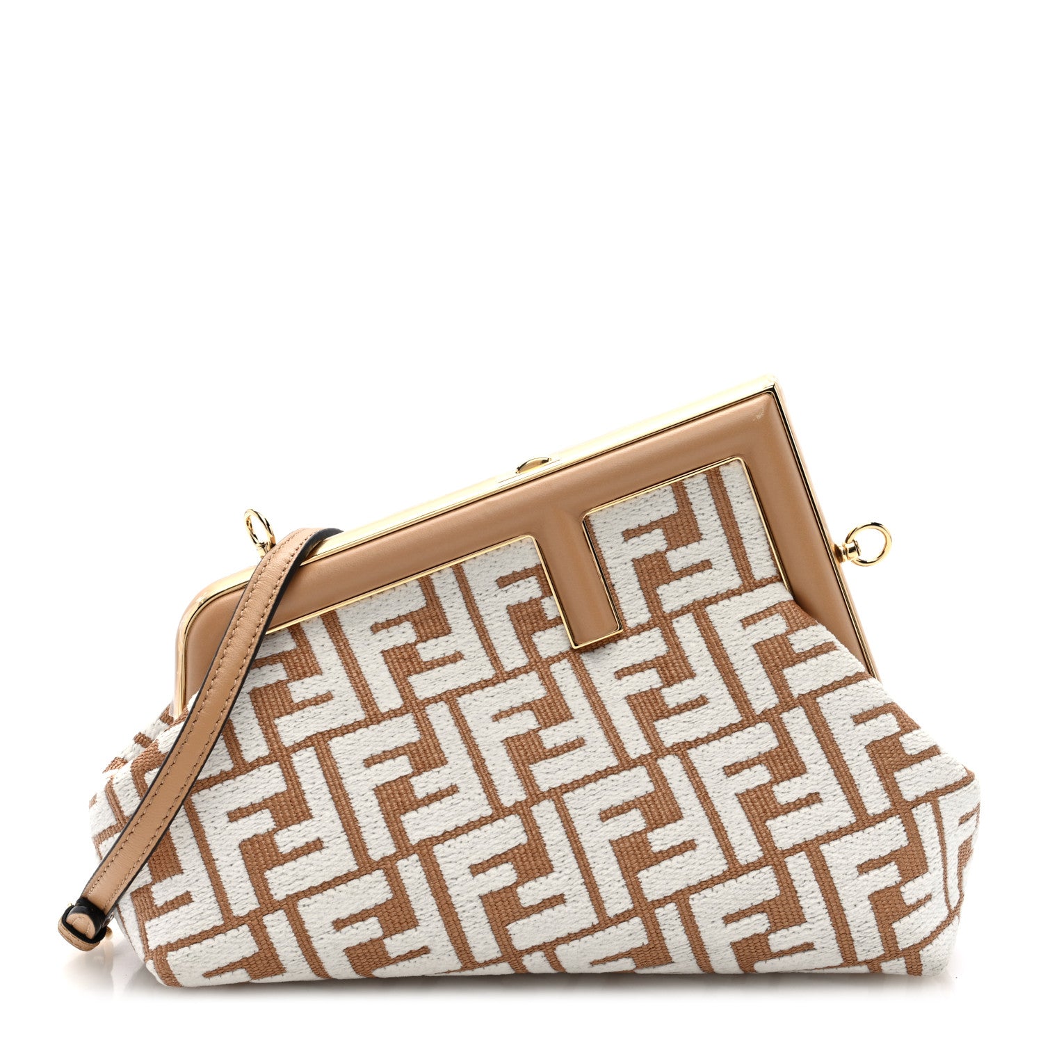 Fendi Raffia Chenille Shiny Nappa FF 1974 Small Fendi First Natural White Miele Scuro 1 of 10