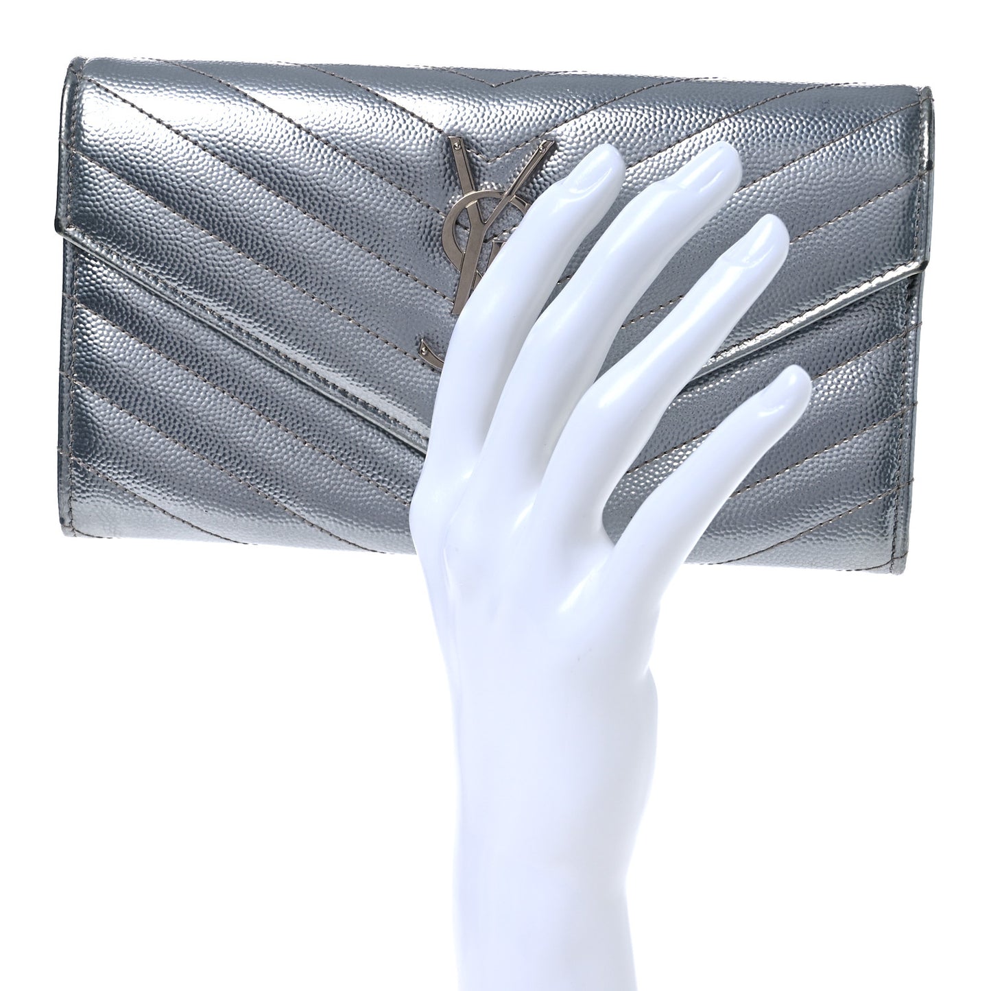 Metallic Grain De Poudre Matelasse Chevron Monogram Flap Wallet Silver