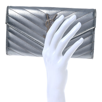 Saint Laurent Metallic Grain De Poudre Matelasse Chevron Monogram Flap Wallet Silver 2 of 16