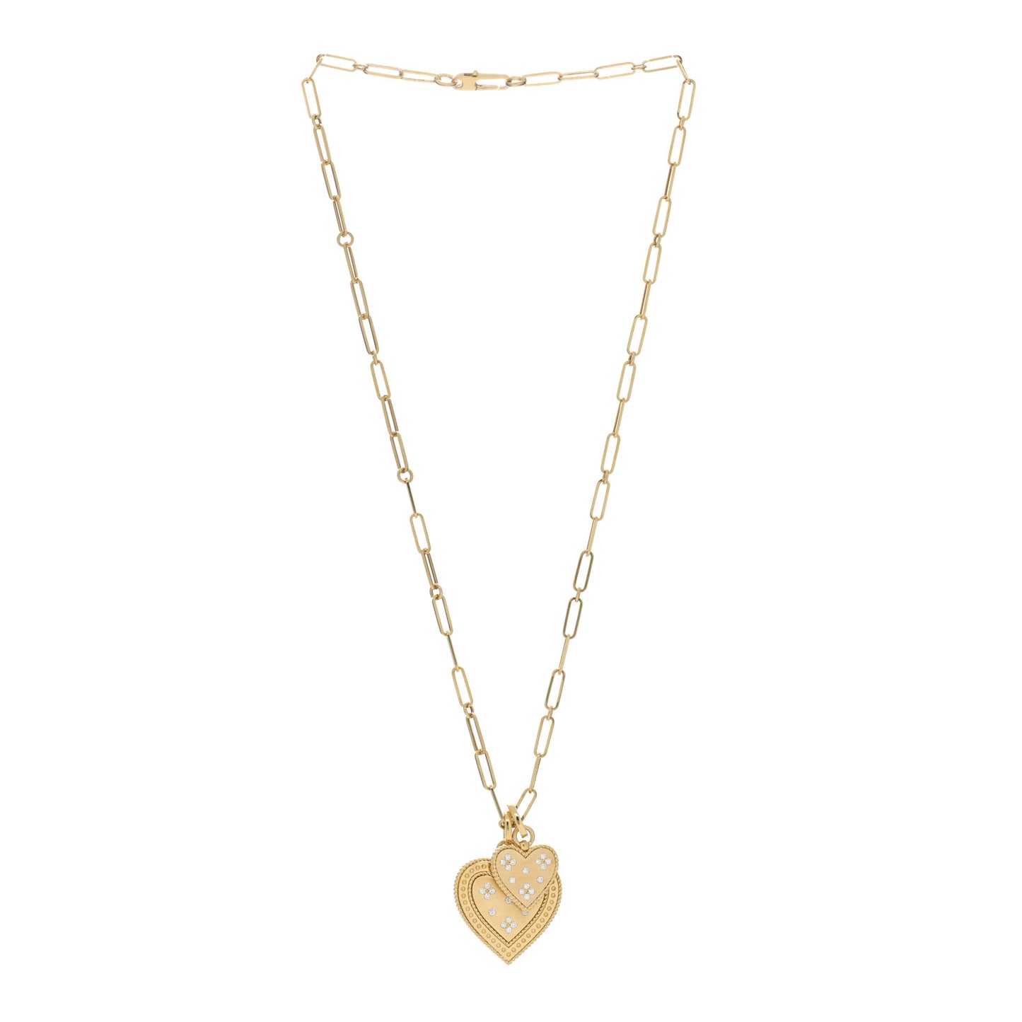 18K Yellow Gold Diamond Venetian Princess Two Heart Medallion Charm Necklace