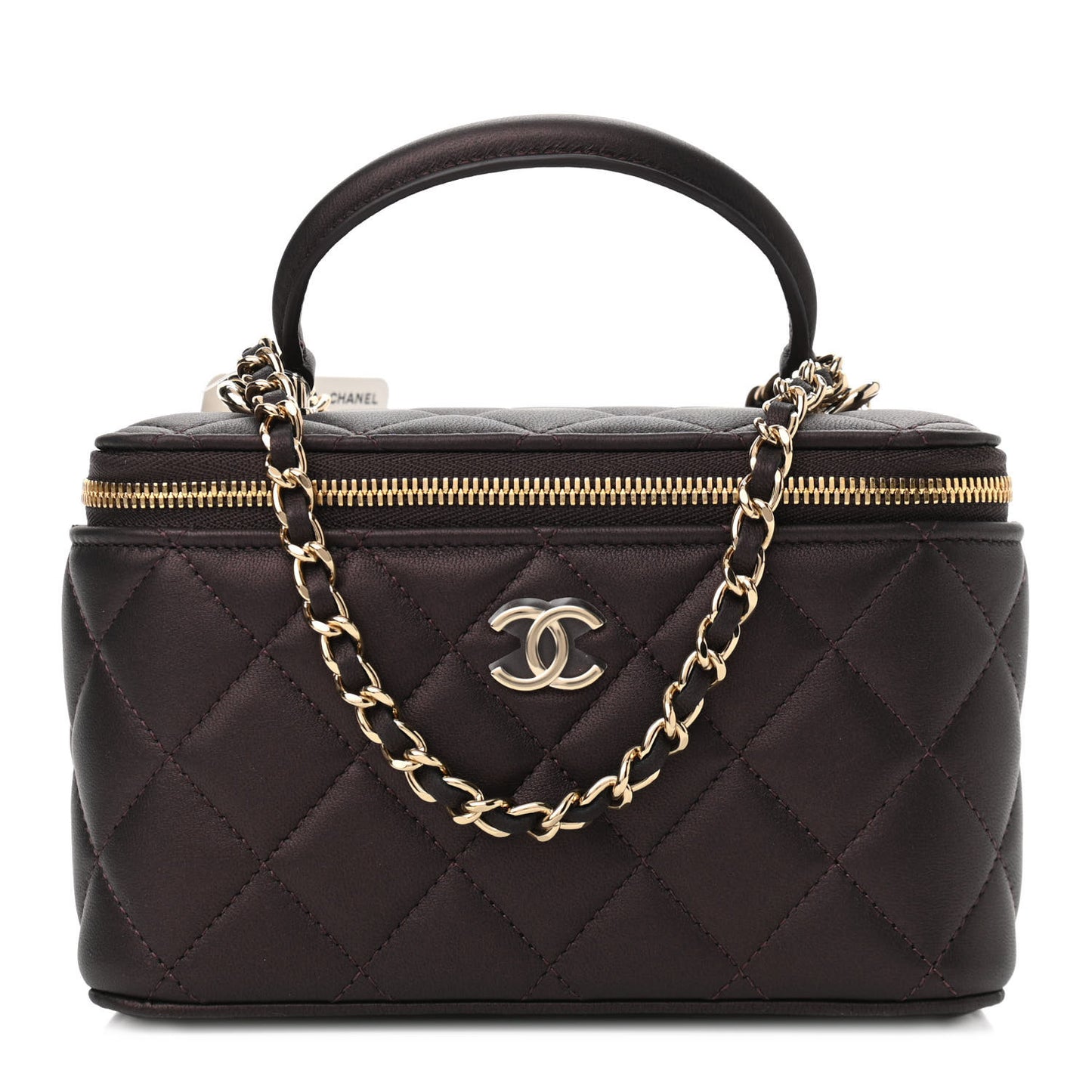 Iridescent Lambskin Quilted Small Top Handle Vanity Case With Chain Burgundy