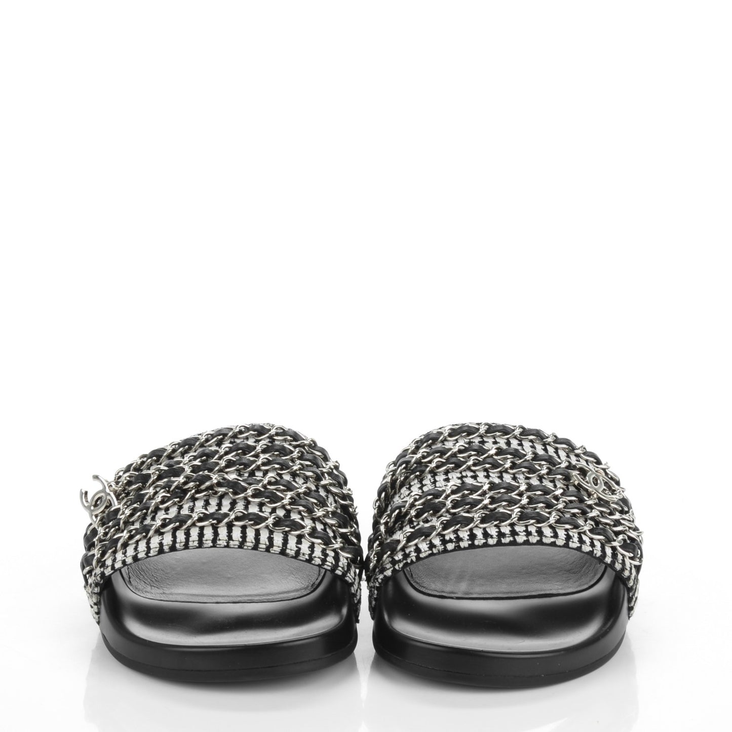 Tweed Lambskin Chain Flat Sandals 37 Black White