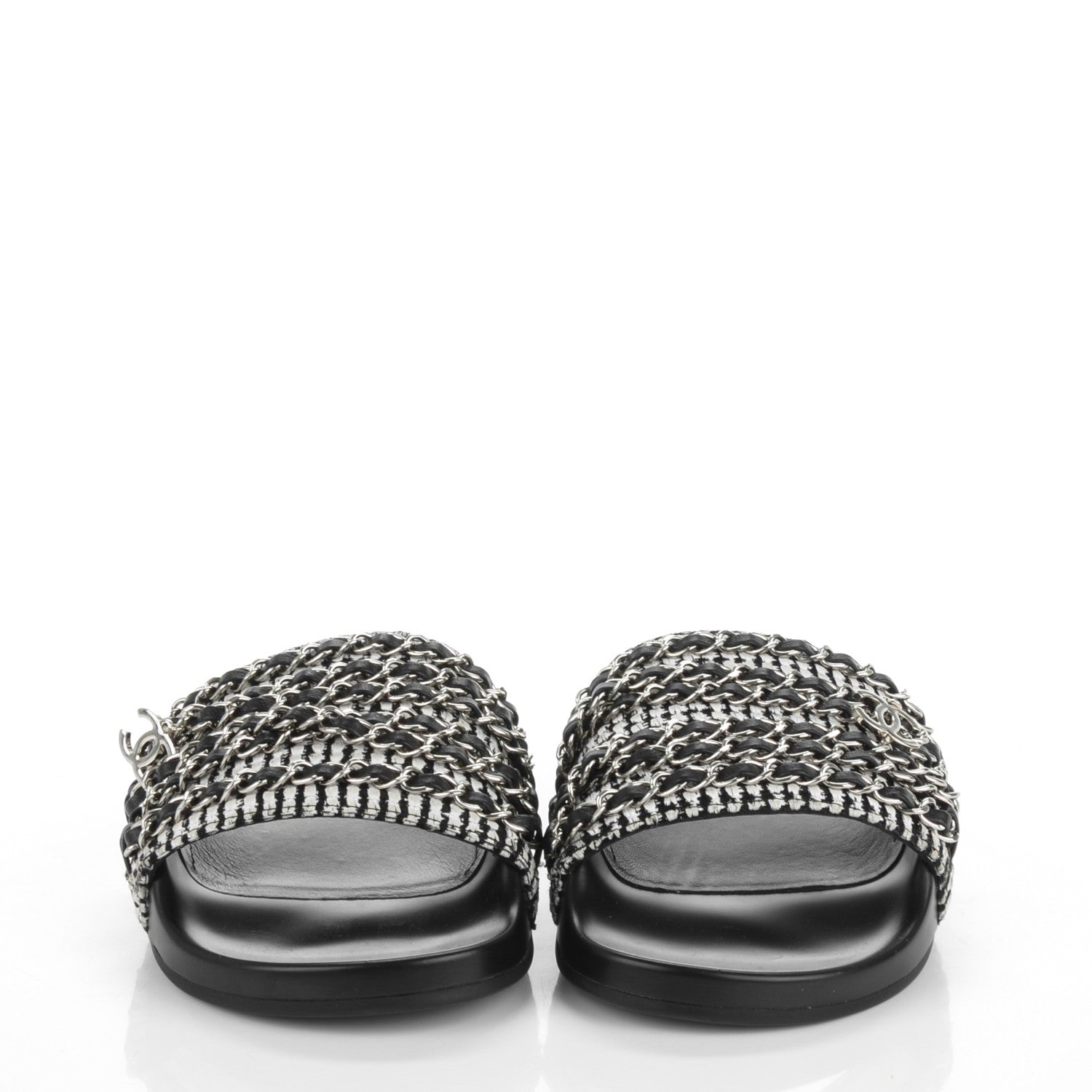 Chanel Tweed Lambskin Chain Flat Sandals 37 Black White 2 of 8