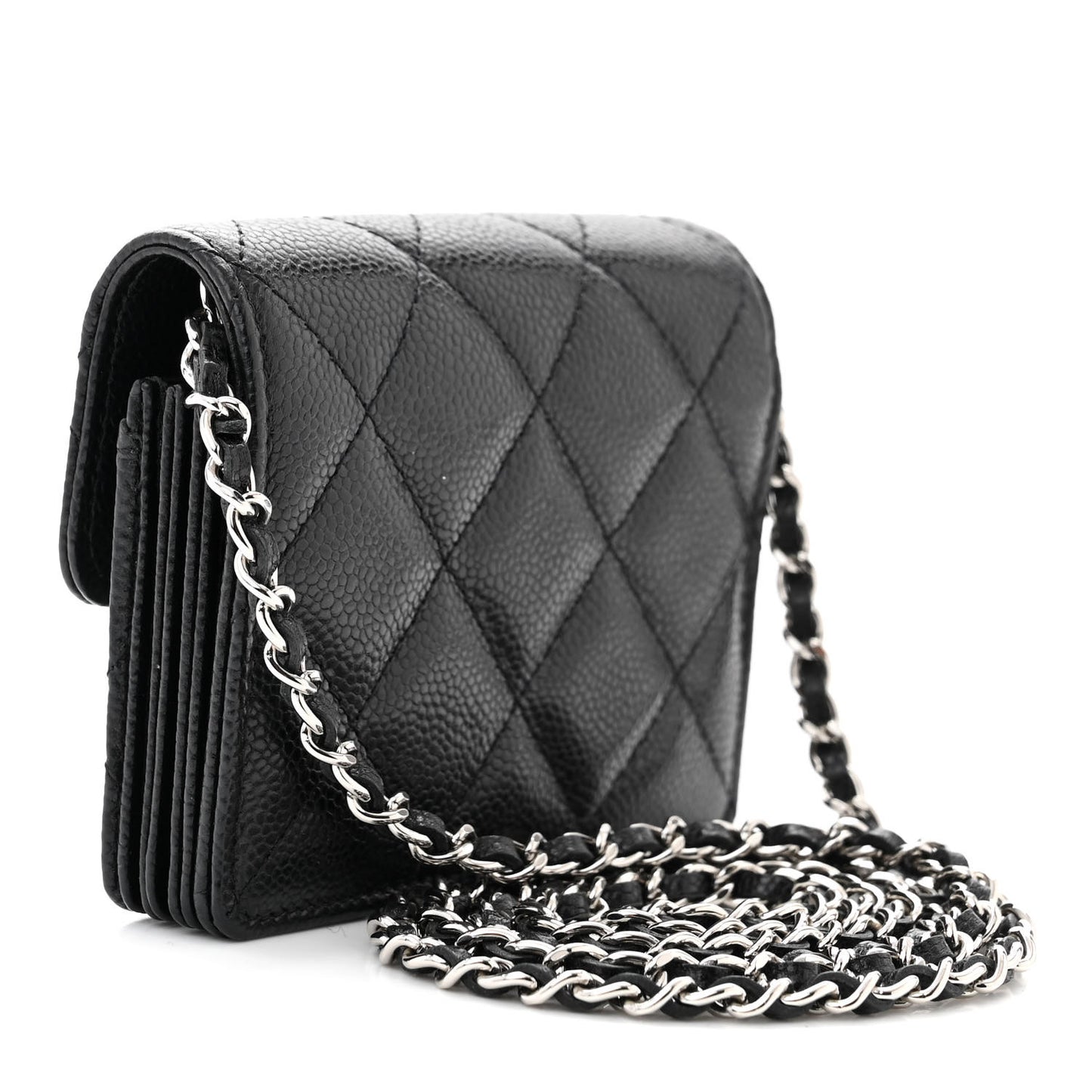Caviar Quilted Flap Card Holder On Chain Black