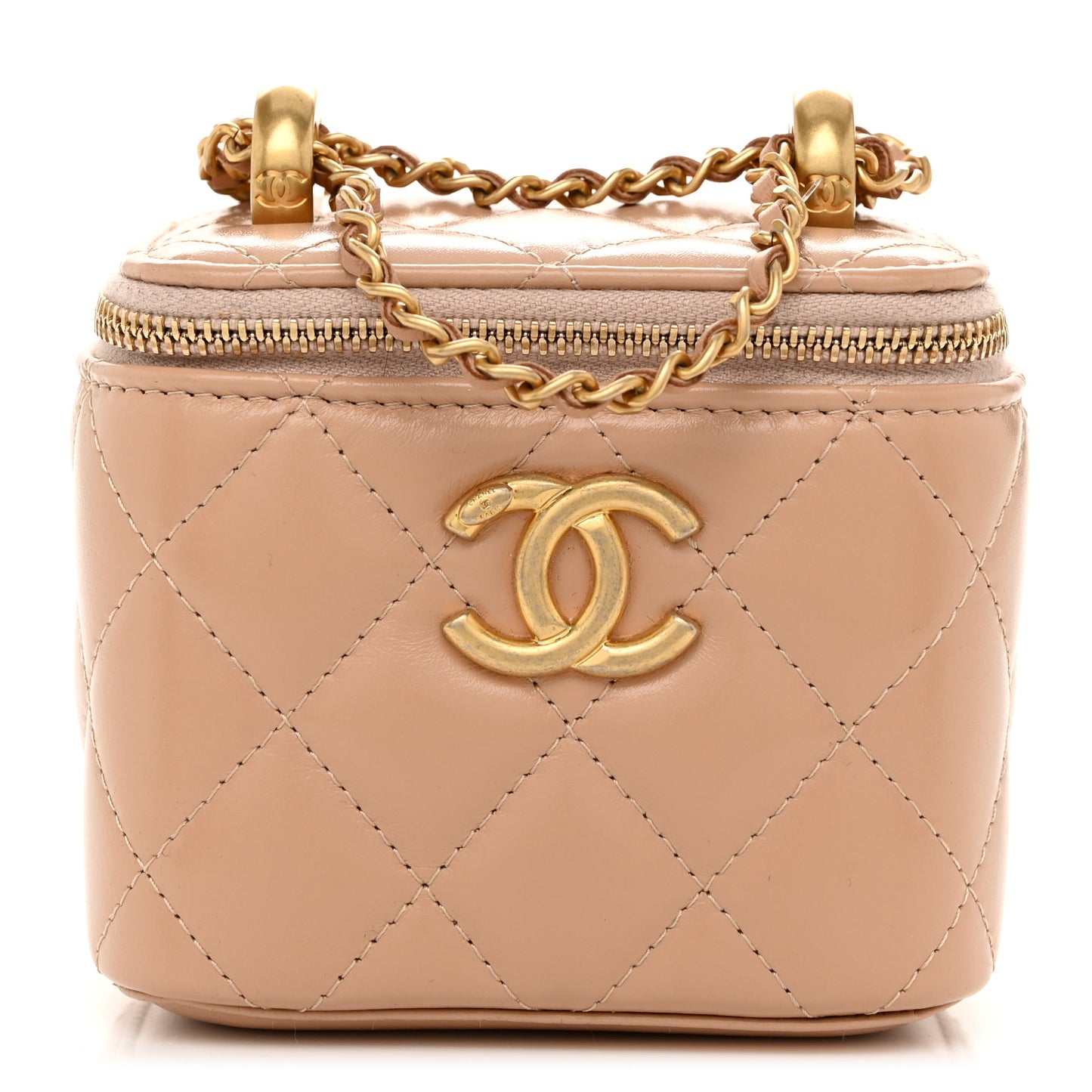 Calfskin Quilted Mini Perfect Fit Vanity Case With Chain Beige